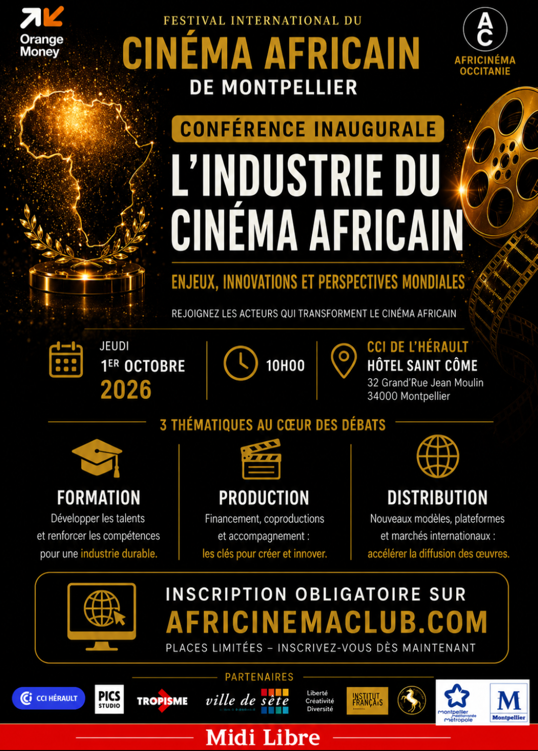Affiche de la conférence inaugurale « L'industrie du cinéma africain », jeudi 1ᵉʳ octobre 2026 à 10h00, CCI de l'Hérault — Hôtel Saint-Côme, Montpellier