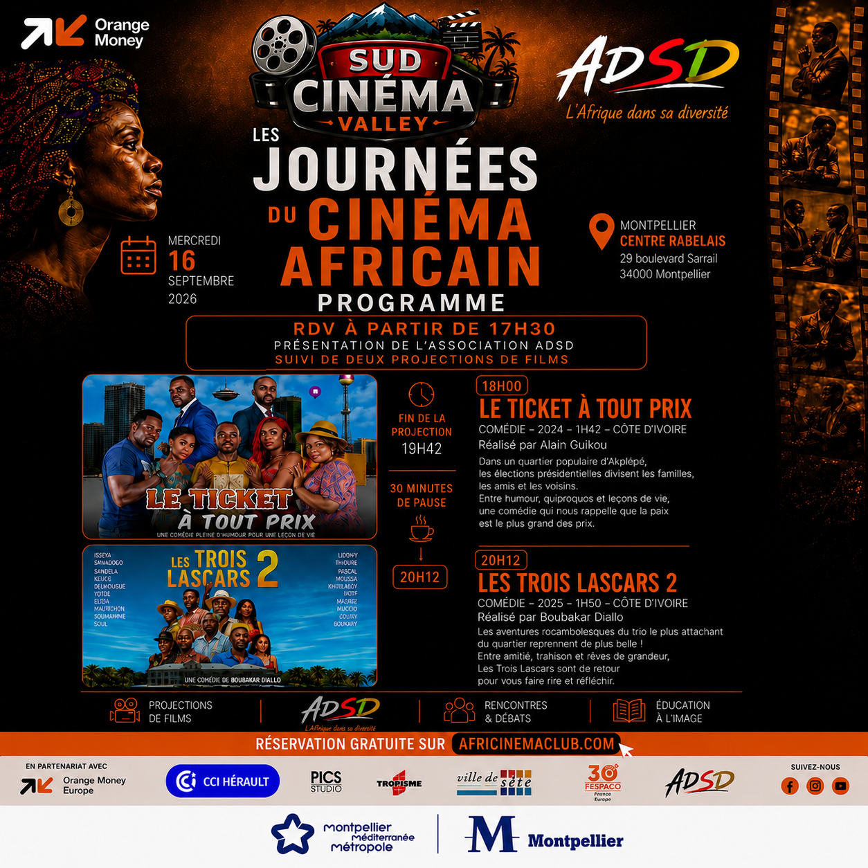 Affiche des Journées du Cinéma Africain, mercredi 16 septembre 2026, Salle Rabelais Montpellier